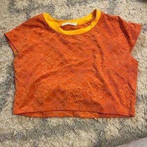 Free People Beach Orange Floral Ribbed Baby Cropped Tee
